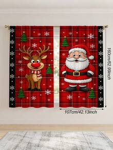 2Pcs Cartoon Santa Claus & Red Nose Reindeer Curtains, Red Plaid Winter Print Pattern, Holiday Window Decor, Semi-Sheer Rod Pocket Curtains, Suitable For Living Room And Bedroom, Rod Not Included, Living Room Christmas Curtains - Cartoon - View 16