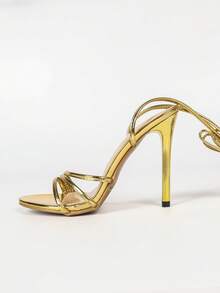 Metallic Gold Round Toe Wrap Around Ankle Straps Stiletto Heel Sandals Women Summer Wedding Club Evening Party Dress Heels - Gold - View 8