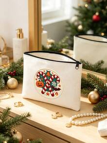 1pc Sweet & Playful Fabric Rectangular Makeup Bag, Embossed Bow Pattern With Label Patch, Zipper Closure Large Capacity Storage Bag, Soft Quilted Cosmetic Bag, Portable Organizer, Suitable For Daily Use, Travel, Bedroom And Back To School - Multicolor - View 5