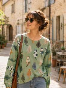 Women's Soft Long Sleeve Regular Cat Print Sweater, Medium Elasticity, Suitable For Outdoor Wear And Daily Matching In Autumn Fall - Light Green - View 1