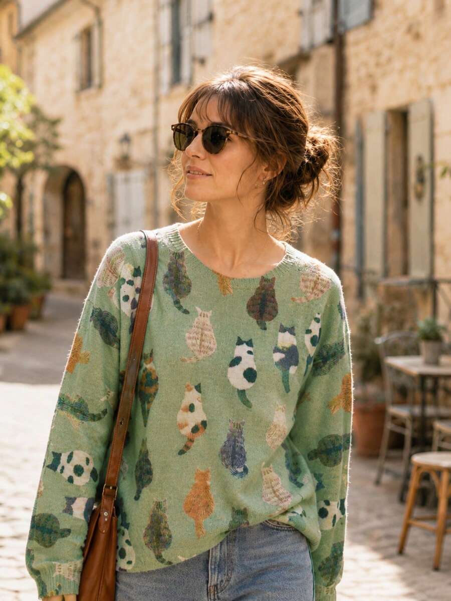 Women's Soft Long Sleeve Regular Cat Print Sweater, Medium Elasticity, Suitable For Outdoor Wear And Daily Matching In Autumn Fall - Light Green - View 1