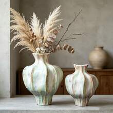 1pc Marbled Pastel Ceramic Vase Set, Irregular Ribbed Flower Vase, Modern Aesthetic Tabletop Home Decor For Living Room - Multicolor - View 4