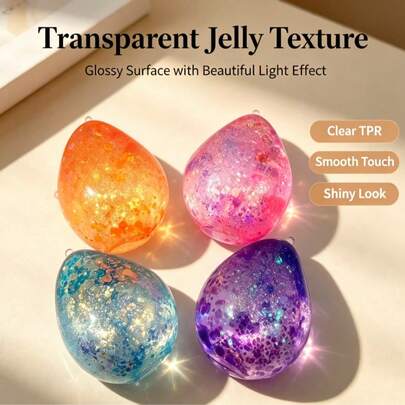 1pc Starry Glitter Water Drop Squishy Toy, Galaxy Sequins Transparent Water Droplet Squeeze Fidget Toy, Soft TPR Portable Hanging Stress Relief Toy, Sensory Vent Gift For Teens Adults Kids