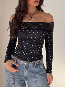 Women's Autumn Casual Minimalist Elegant Sexy Hot Girl Black Polka Dot Square Neck Long Sleeve All-Match Versatile Top For Going Out, Home, Streetwear, Casual Daily Wear - Black - View 2
