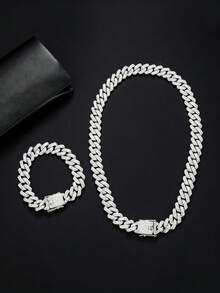 2pcs/Set Men's Hip Hop Accessories, Full Rhinestone Encrusted Gold & Silver Necklace And Bracelet, Suitable For Wedding, Party, And Daily Wear - Rhinestone Cuban Two-piece Set - View 2