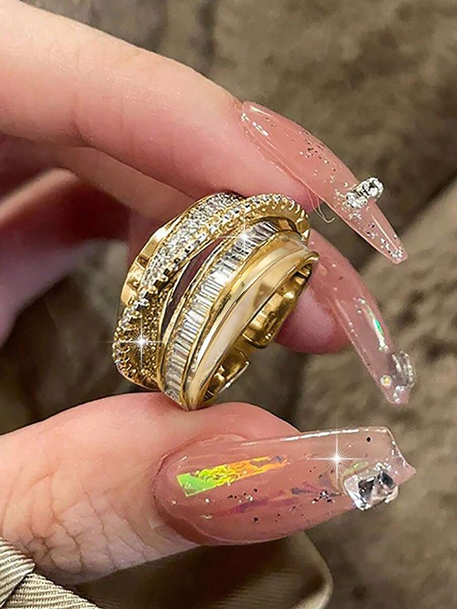 1枚奢华简约扭纹设计锆石可调节戒指,适合女性和女孩日常佩戴。 - 金黃色 - 查看 1