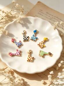1/6pcs Plaid Pattern Giraffe Enamel Pendant, Colorful Square Animal Metal Charm, Suitable For DIY Necklace, Bracelet Jewelry Making Material, Suitable For Daily Wear - Multicolor - View 2