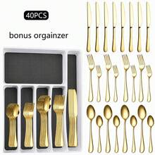 40-Piece Gold Silverware Set, Bonus Organizer, Stainless Steel Flatware Set For 8, Tableware Cutlery Set Rust-Proof, Mirror Polished Kinfe Spoon Fork Set, Dishwasher - Gold - View 1