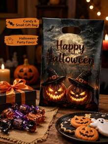 6pcs/10pcs Dark Gothic Halloween Trick Or Treat Gift Bags, Reusable Pumpkin & Witch Print Candy Bags With Handles, Party Favor Decorations - Multicolor - View 3