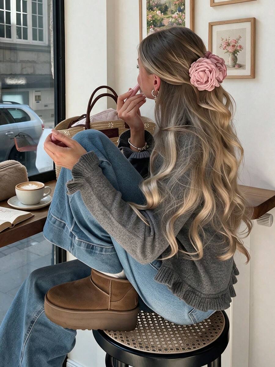 Senya Chic Grey Long Sleeve Knit Cardigan With Buttons, Ruffle Trim Soft Sweater Top, Casual Autumn/Winter Outwear - Grey - View 1