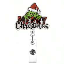The Grinch The Green Acrylic Christmas Badge Reel Retractable ID Holder Badge Clip; Suitable For Nurses And Office Professionals; Christmas Gift; Party Favor - Cookie Monster - View 17