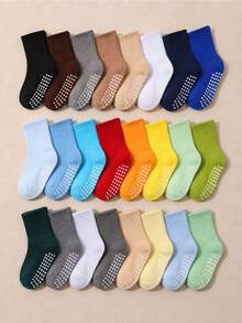 10 Pairs Random Solid Color Ribbed Mid-Calf Non-Slip Socks For Infants, Multiple Bright Colors, Knee-High Mid-Calf Floor Socks With Soft Elastic Non-Slip Strips On Bottom, Breathable Fabric, Suitable For Toddlers And Children's Daily Indoor Wear - Multicolor - View 1