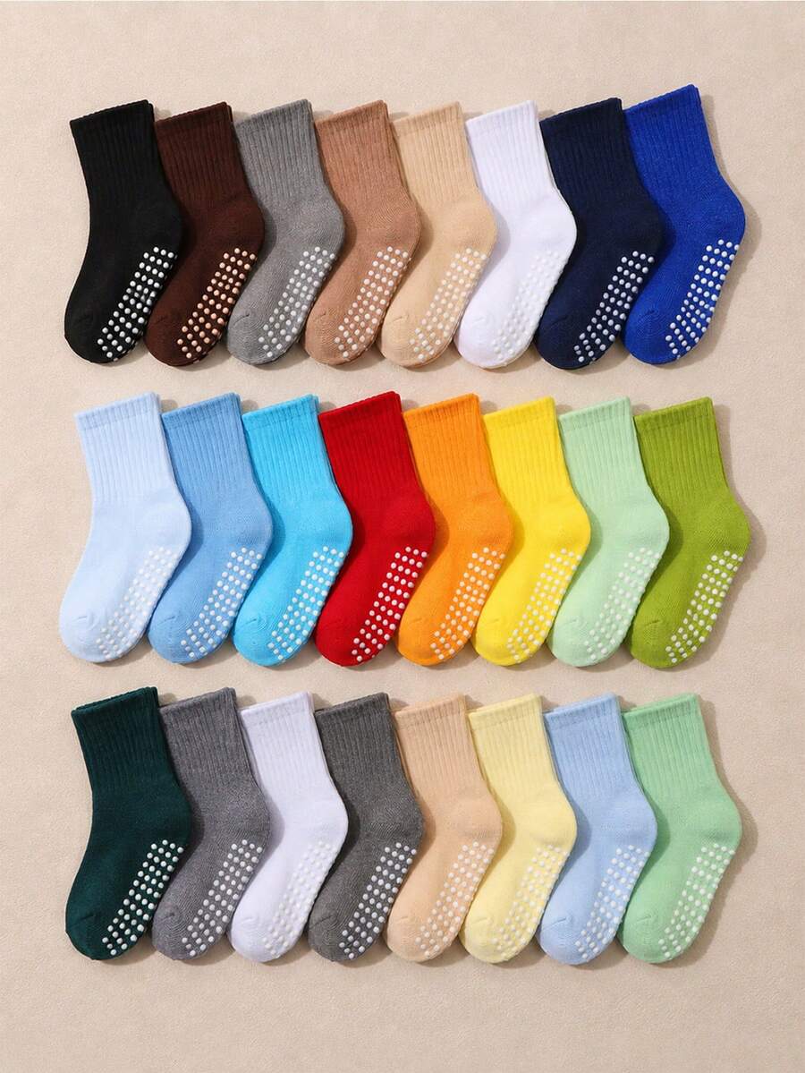 10 Pairs Random Solid Color Ribbed Mid-Calf Non-Slip Socks For Infants, Multiple Bright Colors, Knee-High Mid-Calf Floor Socks With Soft Elastic Non-Slip Strips On Bottom, Breathable Fabric, Suitable For Toddlers And Children's Daily Indoor Wear - Multicolor - View 1