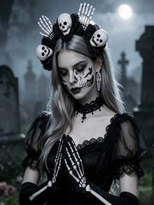 1 Set Halloween Ghost Bride Costume, Includes Skull Headpiece, Skeleton Gloves, Earrings, Halloween Decorations, Party Props And Photo Props - Multicolor - View 2