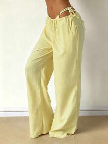 Women's Casual Comfortable Versatile Linen Loose Flowy Wide Leg Pants, Effortless Style - Light Yellow - View 8