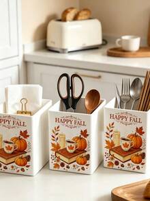 1個「HAPPY FALL」多功能收納整理盒－餐具架、桌面收納盒（適用於收納餐具、吸管、茶包、筆、遙控器），小巧省空間，適合廚房、辦公室、客廳，萬聖節禮物 - 彩色 - 查看 2
