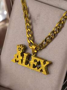 A Set New Customized Name Jewelry,18k Gold Stainless Steel Love Crown Pendant,Engravable Characters, Teen Bracelet Necklace Set,Back To School Fashion - Frosted Necklace - View 17