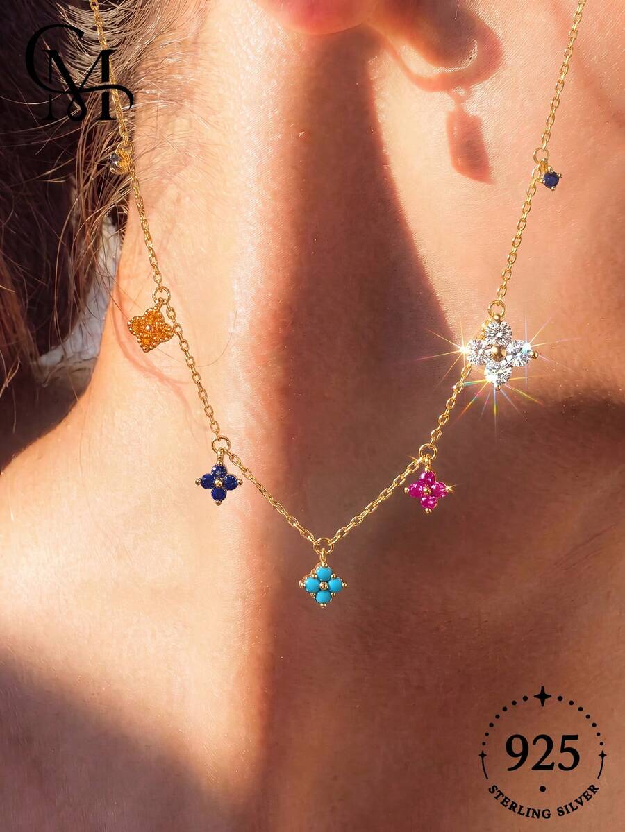 1 Pair 925 Sterling Silver Colorful Floral Necklace, Minimalist Elegant, Suitable For Daily Wear, Parties Or Valentine's Day Gift - Style 6 - View 1