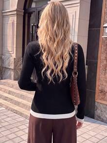 Autumn New Colorblock Round Neck 2 In 1 Wool Knit Sweater, Slim Fit Flattering Inner Layer Base Sweater - Black - View 3