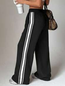 Women's Sports Side Patchwork Fashion Webbing Cuff Split Straight Leg Pants, Suitable For Daily Commute And Casual Sports - Black - View 1