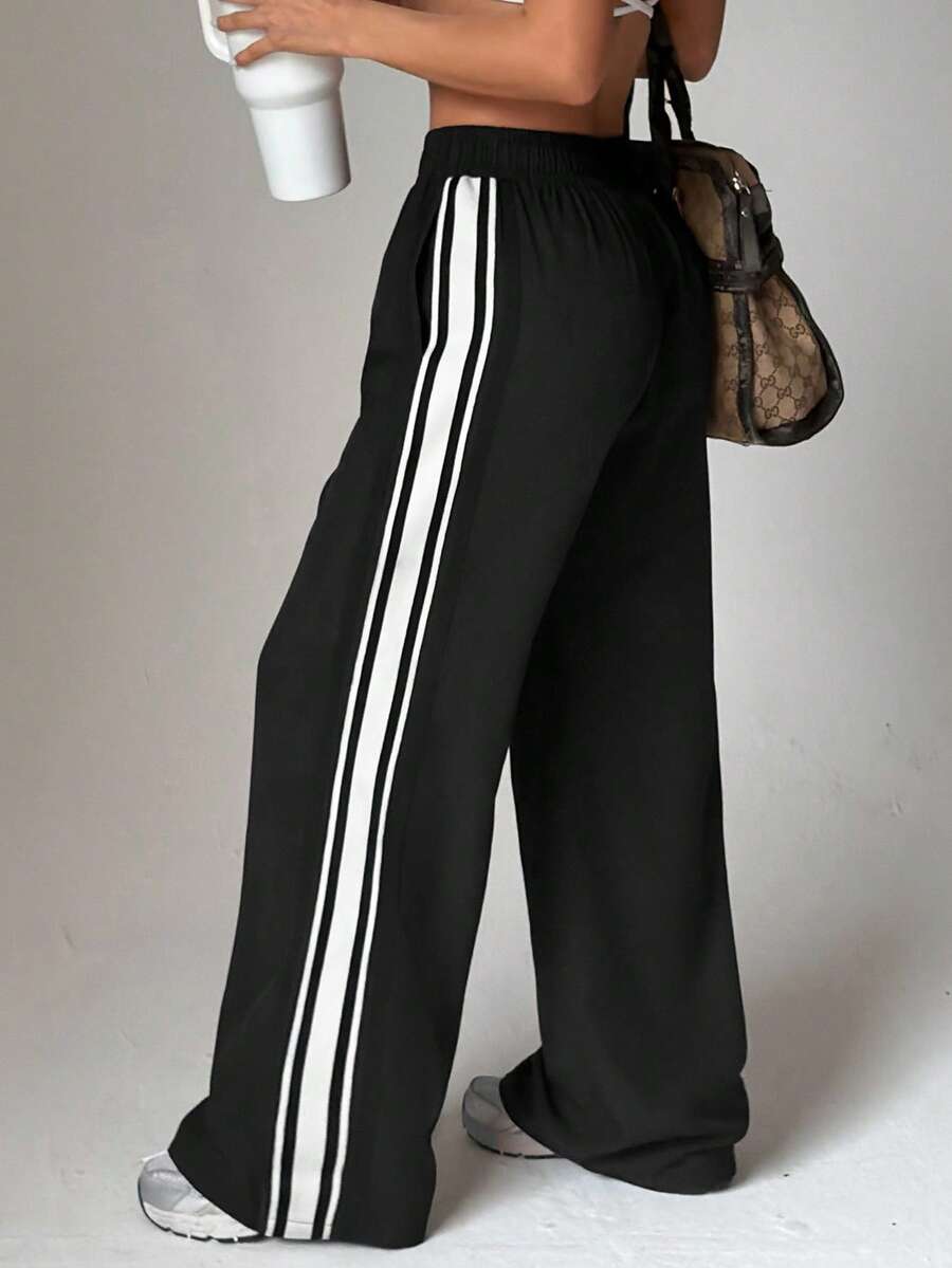 Women's Sports Side Patchwork Fashion Webbing Cuff Split Straight Leg Pants, Suitable For Daily Commute And Casual Sports - Black - View 1
