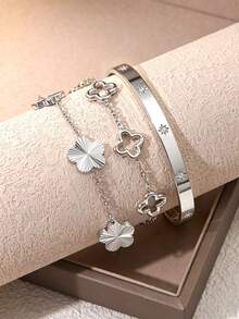VceTd 1 Set Elegant Style Stainless Steel Women's Jewelry Set With Four-Leaf Clover Element, Suitable For Fashionable Outfit Wear - Silver - View 1