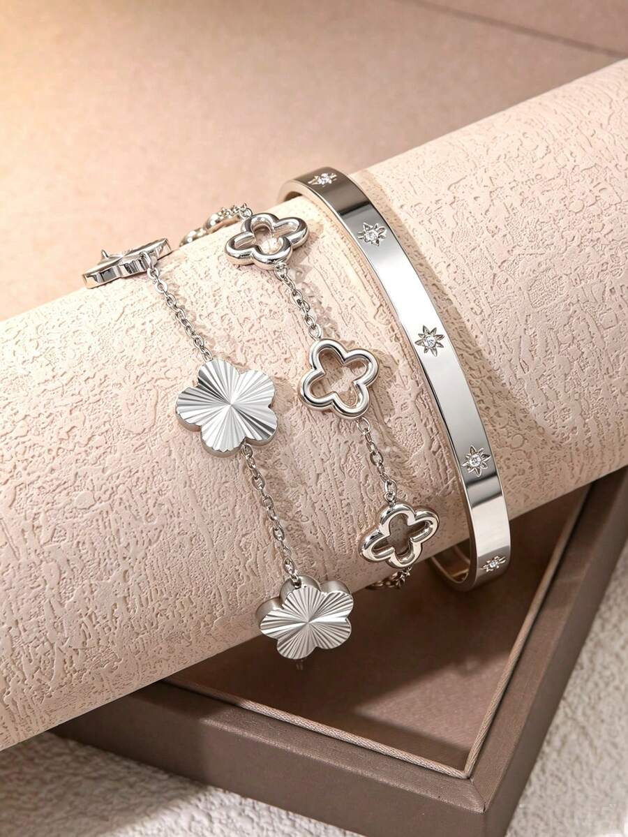 VceTd 1 Set Elegant Style Stainless Steel Women's Jewelry Set With Four-Leaf Clover Element, Suitable For Fashionable Outfit Wear - Silver - View 1