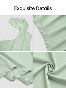 abyoxi Gaun Wanita Warna Hijau Mint dengan Leher Asimetris, Tali Bahu Panjang, Pita Pengikat Pinggang, Detail Kerutan Samping, dan Belahan Tinggi, Gaun Pas Badan, Warna Polos, Gaya Musim Panas Elegan dengan Belahan Hingga Paha - Mint Green - View 10