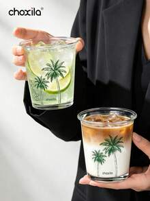 choxila 1pc Palm Tree Print Transparent Glass Cup, Summer Drinking Water Coffee Juice Mug - Clear - View 2