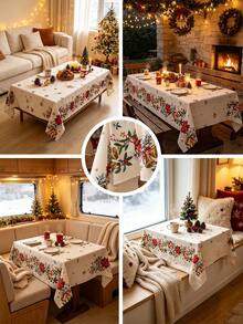 MineLain 1pc Merry Christmas Rectangular Tablecloth, Cream Color, Dining Table Cloth, Christmas Bells And Red Flowers, Poinsettia, Dining Table, Coffee Table Cloth, Home Decor, Holiday Party Tablecloth, Suitable For Home Kitchen Dining Room, Dinner, Gathering, Party, Birthday, Holiday, New Year Theme Event Decoration, Christmas Decoration, Winter Decoration - Multicolor - View 2