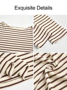 Kaos Lengan Panjang Bergaris Wanita, Atasan Crop Top Rajut Ribbed Leher Perahu, Atasan Kasual untuk Kencan dan Aktivitas Sehari-hari - Cokelat aprikot - View 3