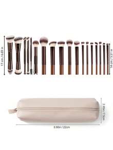 19 PCS Double-Ended Makeup Brush Set With Case Professional Foundation Powder Concealers Eyeshadow Blush Soft Bristles - Khaki - View 11