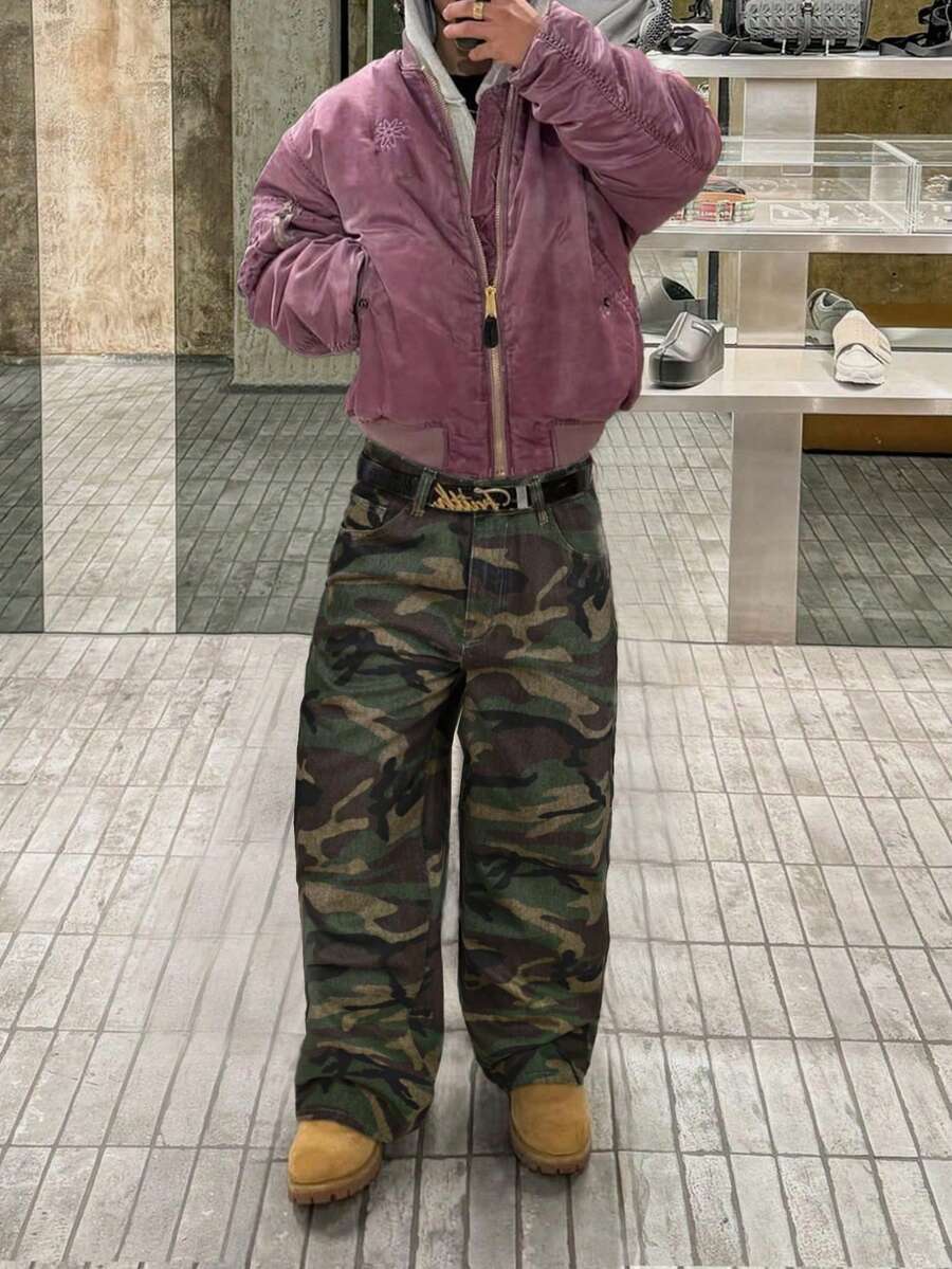 Grunge Goth Y2K 風格男士休閒街頭服飾，青春運動學院風百搭迷彩牛仔直筒褲，無彈力牛仔布，建議加大尺寸以穿出寬鬆效果