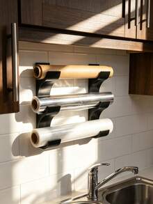 2pcs 3-Tier Wall-Mounted Kitchen Paper Towel Holder, No-Drill Adhesive Paper Towel Aluminum Foil Plastic Wrap Storage Rack, Multi-Function Storage Shelf, Suitable For Cabinet Doors, Tiles And Smooth Walls, Baking Paper, Aluminum Foil, Plastic Wrap Kitchen Accessories - Multicolor - View 2