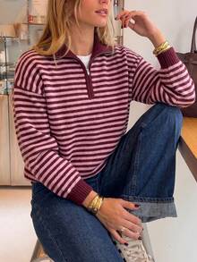 SEREN New Autumn/Winter Half-Button Cardigan Collar Contrast Striped Sweater, Vintage Y2K Top, Casual Loose Fit, Suitable For Commute And Outdoor Wear - Red - View 6