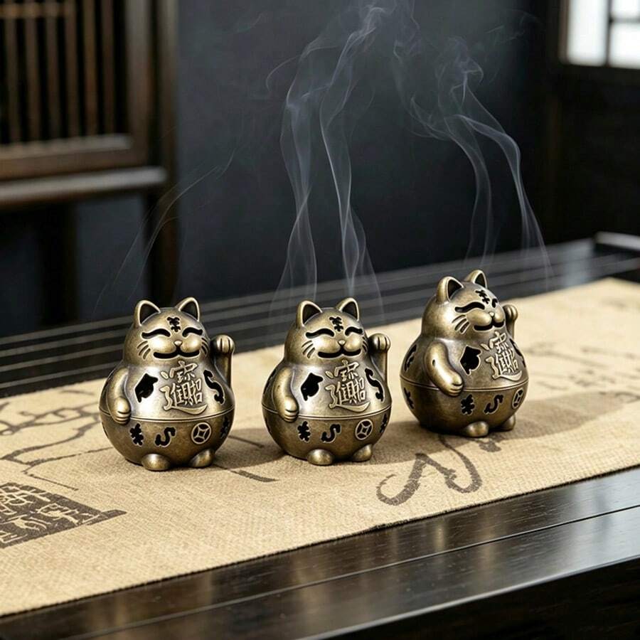 3 buah/Set Pembakar Dupa Kucing Keberuntungan, Bentuk Kucing Melambaikan Tangan dengan Desain Ukiran Berongga, Ornamen Dekorasi Feng Shui, Cocok untuk Ruang Teh, Ruang Belajar, Meja Meditasi Zen, Ruang Tamu, Meja Kantor