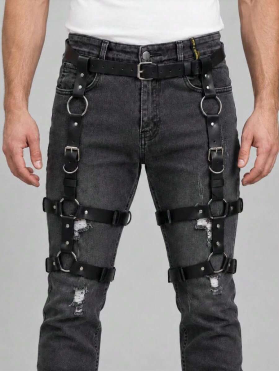 1pc Punk Gothic Leather Leg Strap With PU Adjustable Waist Belt Cosplay Accessory - Black - View 1