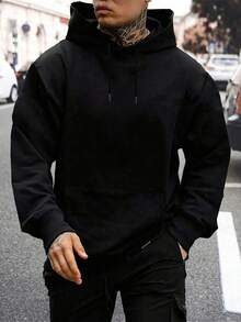 Men's Black Solid Color Sweatshirt With Drawstring Design, Kangaroo Pocket, Loose Fit, Minimalist Style, Casual Daily Commute Pullover Sweatshirt - Black - View 1