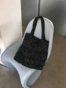 Tas Tote Polkadot, Tas Bahu Kapasitas Besar yang Lucu, Tas Wanita dengan Hiasan Ruffle, Tas Wanita dengan Tali Serut dan Pita, Tas Gaya Preppy, Cocok untuk Pekerja Kantoran dan Pelajar yang Berpergian - Hitam - View 3