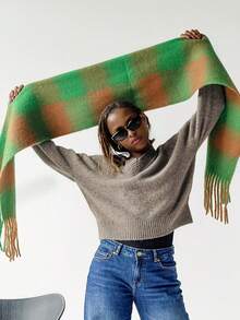 1PcWomen Fuzzy Mohair Texture Plaid Fringe Scarf, Oversized Color Block Check Winter Warm Neck Wrap Shawl - Coffee Green - View 3