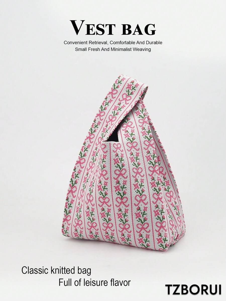 1pc Knitted Lightweight Foldable Portable Tote Bag For Women, Open Top Cute Handbag To Hold Phone, Umbrella, Cosmetics, Lipstick, Perfume, Books, Clothes, Keys, Suitable For Daily Use, Vacation, School, Commute, Shopping, Photography, Travel, Camping, Running, All Seasons - Multicolor - View 1