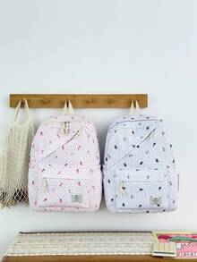 1pc Cute Floral Pattern Nylon Backpack, Lightweight Large Capacity School Day Bag, Adjustable Shoulder Strap Bookbag, Suitable For Girls/Boys/Students, Perfect For Daily Use, Outings, Travel, School And Back To School Season. - Pink - View 7