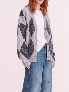 Women's Autumn/Winter Casual Classic Argyle Pattern V-Neck Cardigan Jacket - Grey - View 5