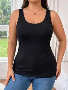 Plus Size Women's Solid Scoop Neck Tank Top With Built-In Bra Basic Padded Cami Sleeveless Casual Layering Top - Black - View 4