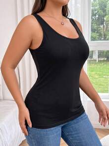 Plus Size Women's Solid Scoop Neck Tank Top With Built-In Bra Basic Padded Cami Sleeveless Casual Layering Top - Black - View 5