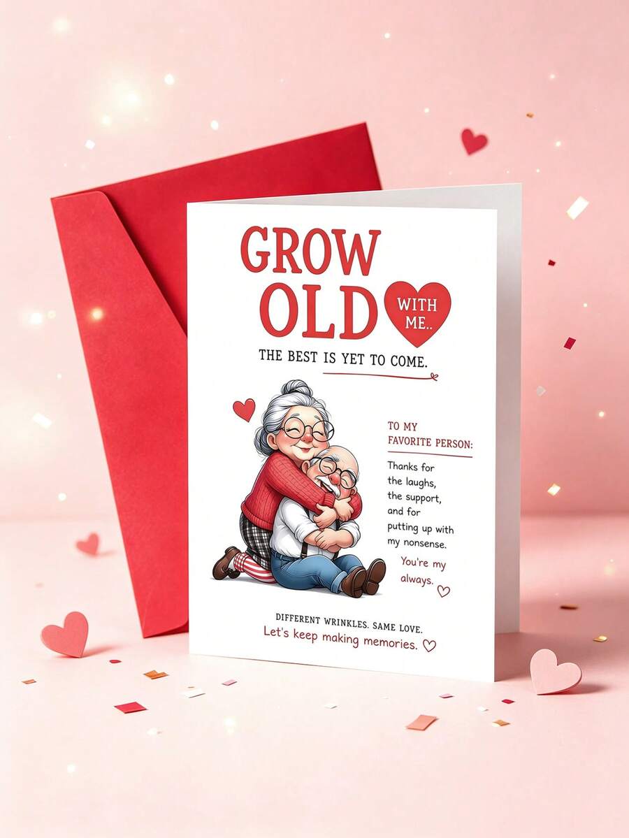 1pc Sweet Romantic Anniversary Card With Envelope, "Grow Old With Me The Best Is Yet To Come", Heartfelt Greeting Card For Husband Wife Spouse, Couple Wedding Valentine Gift, Blank Inside - A - View 1