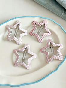 2/4/8pcs/Set Pink & Blue Plaid Large Star Hair Clips, Sweet Hair Accessories - Suitable For Girls And Women, Perfect For Daily Wear, Vacation And Dates - Multicolor - View 4