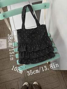 Tas Tote Polkadot, Tas Bahu Kapasitas Besar yang Lucu, Tas Wanita dengan Hiasan Ruffle, Tas Wanita dengan Tali Serut dan Pita, Tas Gaya Preppy, Cocok untuk Pekerja Kantoran dan Pelajar yang Berpergian - Hitam - View 7