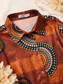 Afro Fashion Plus Size Satin 2-Piece Set, Lapel Button-Up Patchwork Print Shirt With Wide Leg Pants, Commute Office Casual Autumn Outfit - Brown - View 4