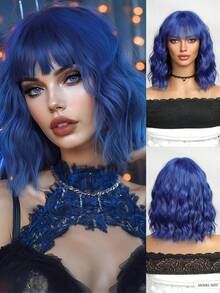 Blue Pink Orange Ombre 12Inch Synthetic Wig Full Bangs Water Wave Bob Layered Cut Vibrant Cosplay Look Fashion Accessory For Daily, Party, Halloween & Christmas - Multicolor - View 15